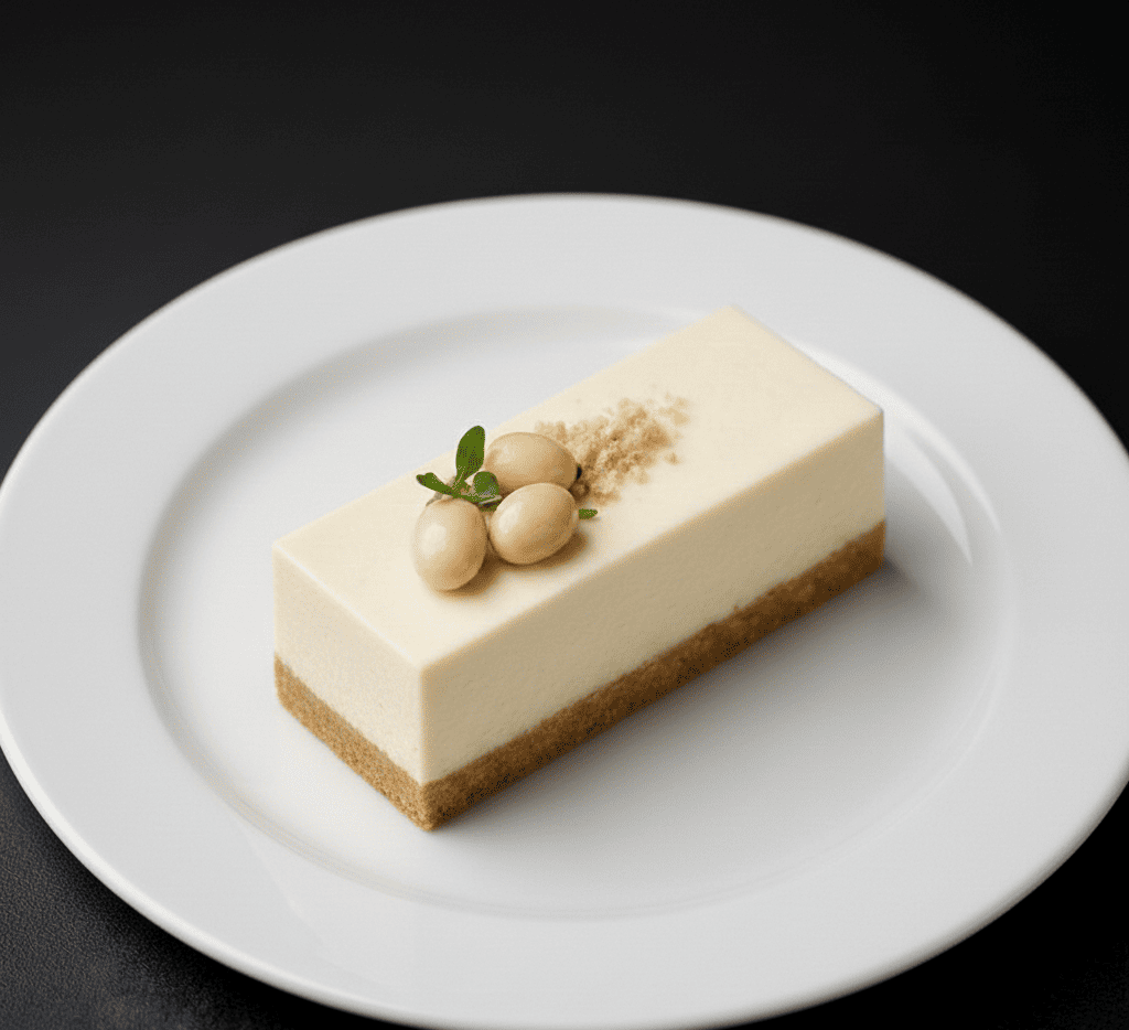 A rectangular slice of creamy Japanese soy bean cheesecake with a thick graham cracker crust, topped with three whole soy beans and a small green garnish, served on a clean white ceramic plate against a dark background.