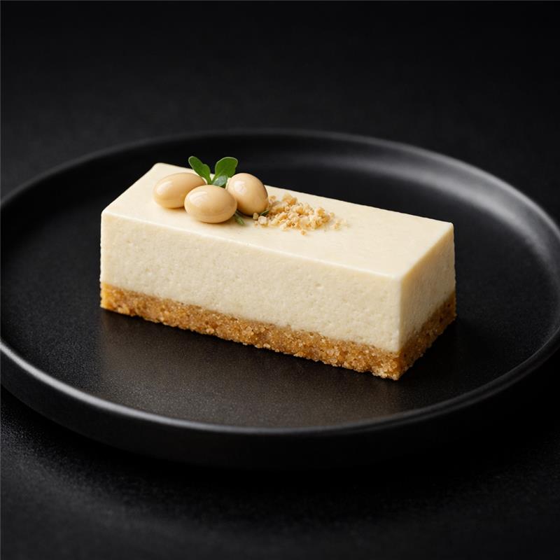 A rectangular slice of creamy Daizu soy bean cheesecake with a graham cracker crust, topped with three whole soy beans and a small green garnish, served on a sleek black plate.