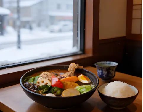 A cozy winter meal featuring a bowl of authentic Japanese soup curry with chicken and roasted vegetables, served with white rice and tea on a wooden table next to a window with a snowy view.