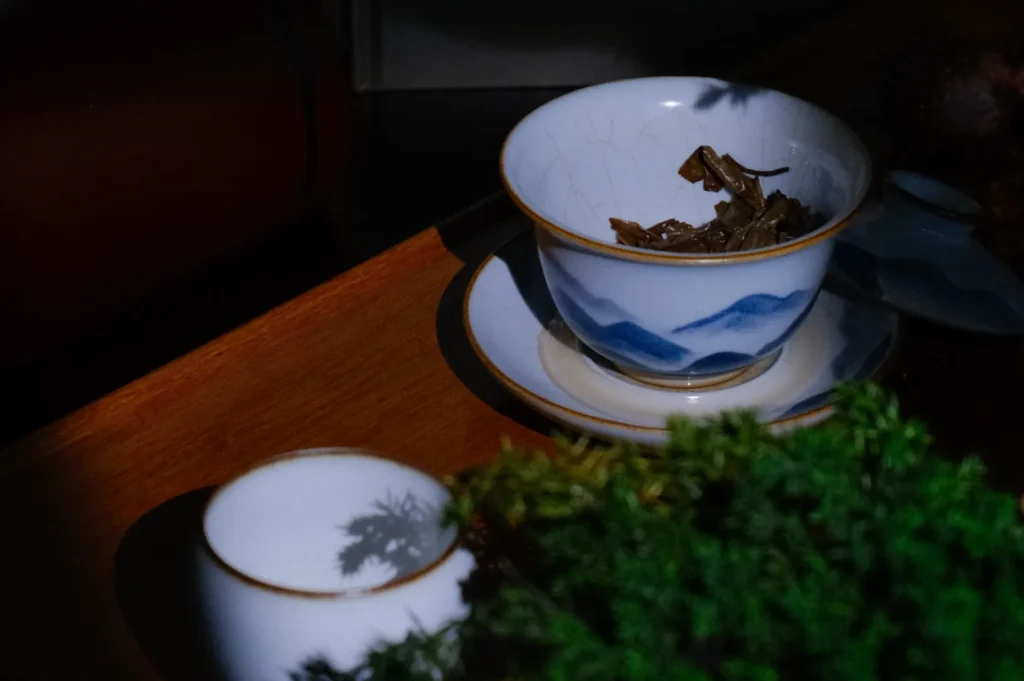 A decorative tea cup with leaves inside, placed on a saucer, next to a small teapot on a wooden surface, with shadows and green leaves nearby.