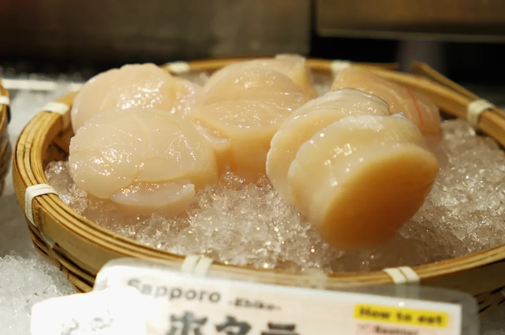 A basket of fresh scallops resting on ice.