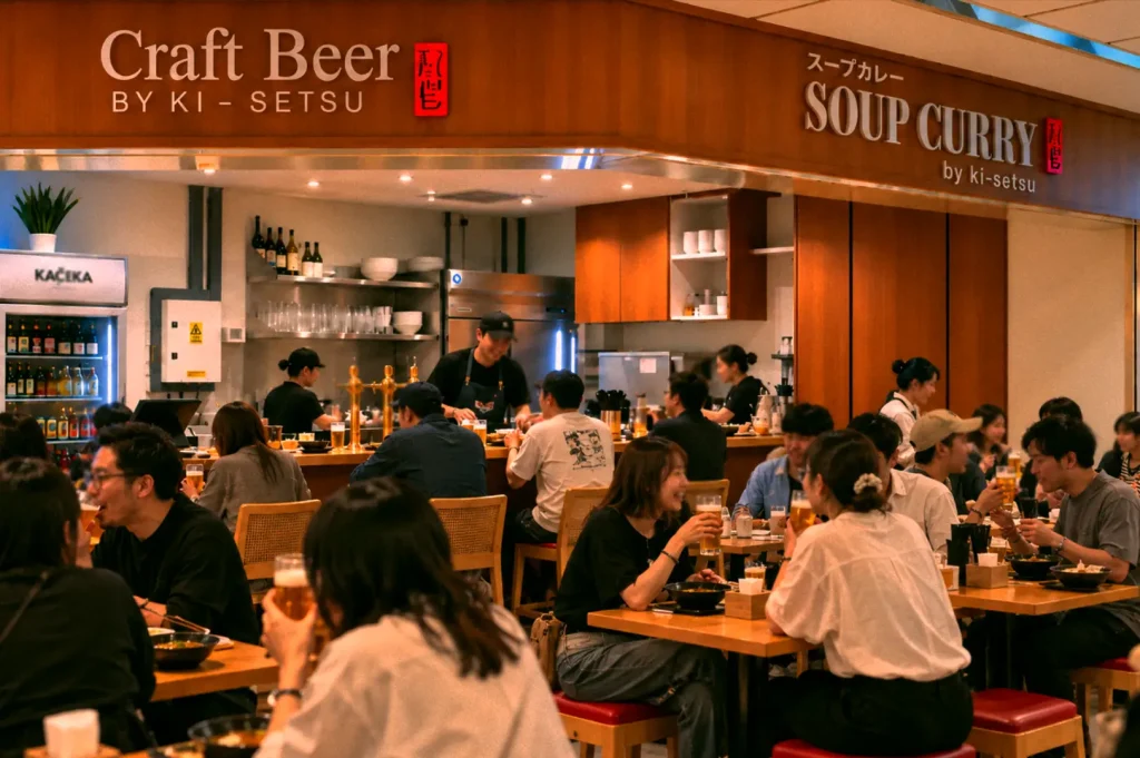 A wide-view shot, featuring both shopfronts of Craft Beer and Soup Curry by Ki-setsu in Fortune Centre, capturing a lively dining crowd enjoying Japanese soup curry and craft beer.