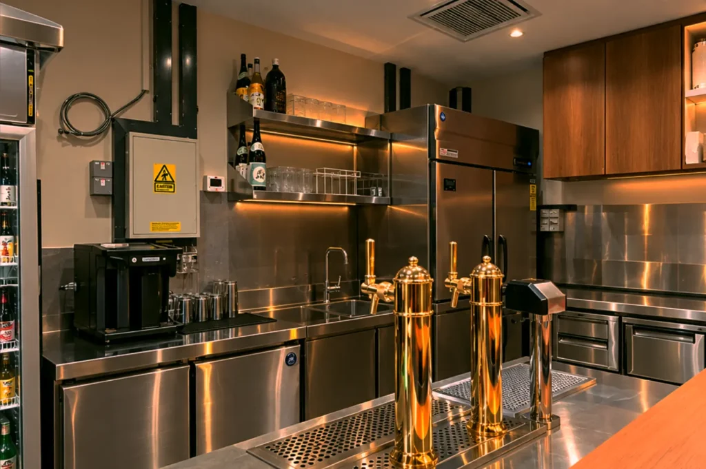 Modern commercial stainless steel kitchen and bar setup with brass beer taps and bottled beverage fridges at Craft Beer by Ki-setsu.